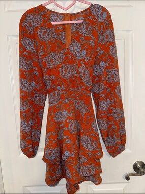 Rust Floral Surplice Romper with Tie Waist